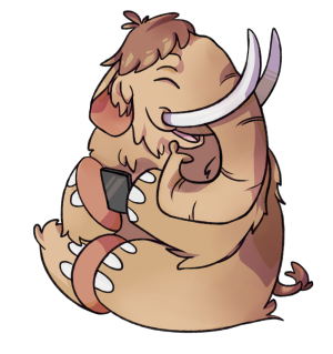 Es ist ein glückliches Mammut mit Smartphone zu sehen. Es ist das Maskottchen der Twitter Alternative Mastodon.